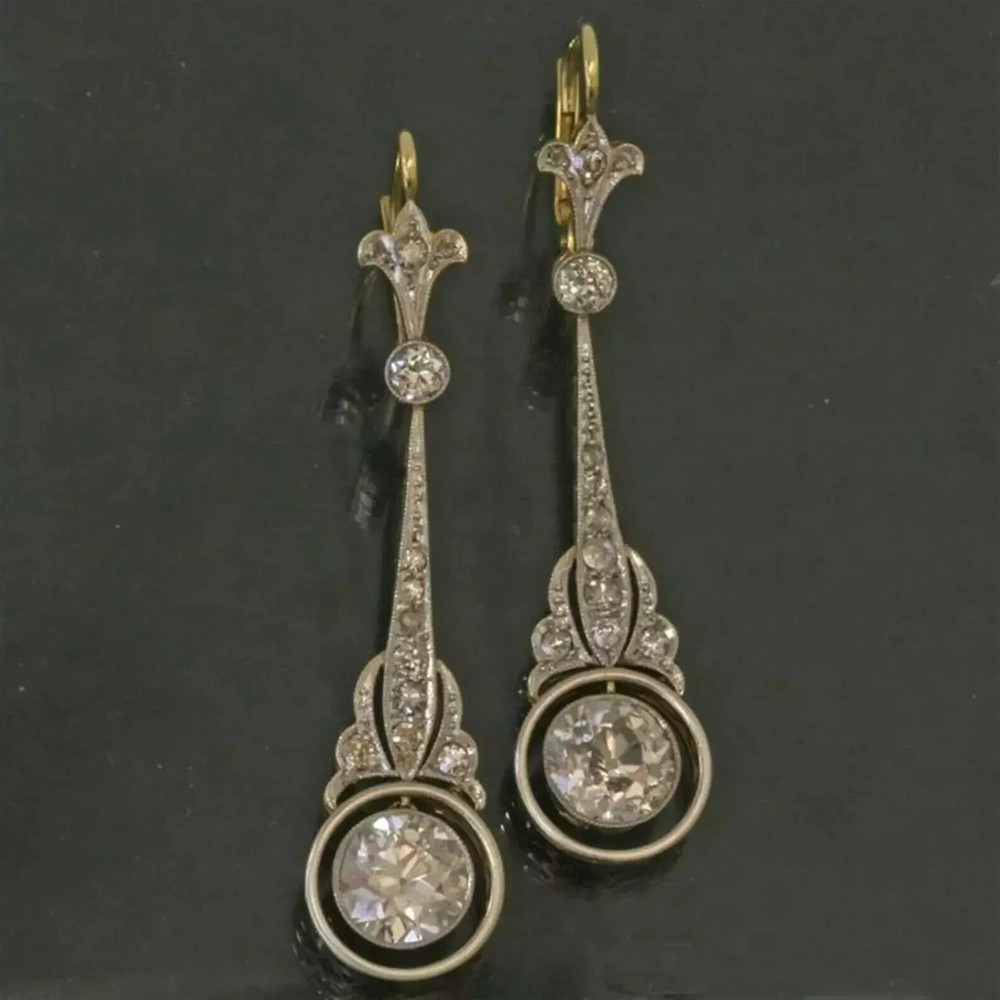 Art Deco Style Round Lab Created Diamond 14K White Gold FN Drop/Dangle Earrings