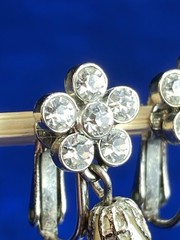 Vtg Silvertone Rhinestone Faux Pearl Flower Dangle Drop Clip On Estate Earrings
