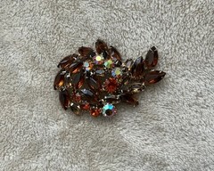 Vintage Brooch Amber Tones Navette AB Rhinestone Pin Layered Leaf Design 2.5 in.
