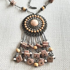 VTG VCLM Signed Boho Statement Medallion Necklace Peach Wood Bead Fringe Fringe