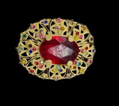 Vtg 1930s Art Deco Celluloid Filigree Brooch Central Red Stone Colorful Accents