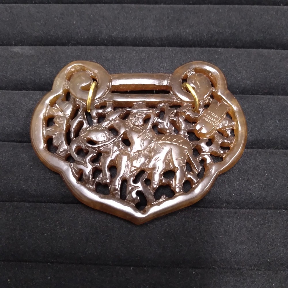 Carved Brown Stone Pendant Gold Tone
