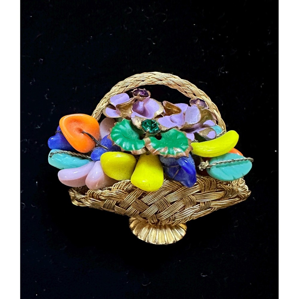 Vintage Flower Basket Brooch Woven Wire & Molded Glass Beads