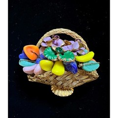 Vintage Flower Basket Brooch Woven Wire & Molded Glass Beads