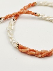 3 Strand Twisted White Rice Pearls/ Coral Necklace With Gold Colored Beads 24″