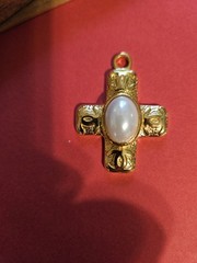 Stamped Faux Pearl Cross Charm Button Pendant