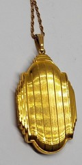 Large GF art deco black enamel Photo Locket Pendant Gold Filled Chain VTG Evans