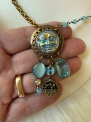 Grandmother’s Buttons Art Glass Necklace Moon Face Vintage Blue Bead Brass Chain