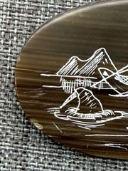 Vintage Handcrafted Oval Brooch 2.25 In Brown carved Inuit Theme Scene Signed