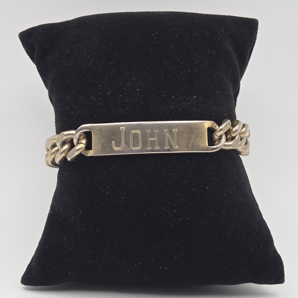 Signed Richard Kalbe Nickel Silver ID Bracelet Bar & Chain Worn Gold Wash John