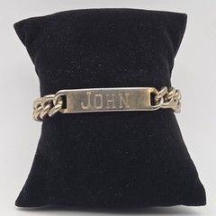 Signed Richard Kalbe Nickel Silver ID Bracelet Bar & Chain Worn Gold Wash John