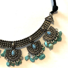 Vtg Faux Turquoise Stone Dangles & Antiqued Silver Tone Necklace ~17″ Boho Chic