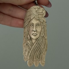 Vintage Native American Woman Eagle Carved Buffalo Bone Pendant