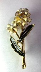 Vintage Monet White and Green Enamel and Rhinestone Flower Brooch Pin 2.5in