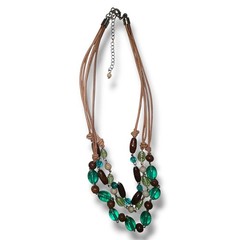 Vintage Boho 3-strand Glass & Wood Bead Faux Leather Necklace 15″-17″