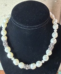 Vintage Unbranded 16 Faux Pearl Necklace with Rhinestone Accents Silver Tone