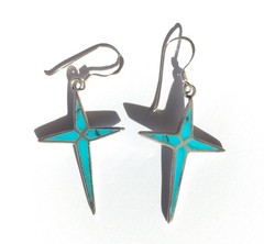 Vintage Handmade Hook Dangle Silver Earrings, Turquoise Inlay, Star Shape 45 mm
