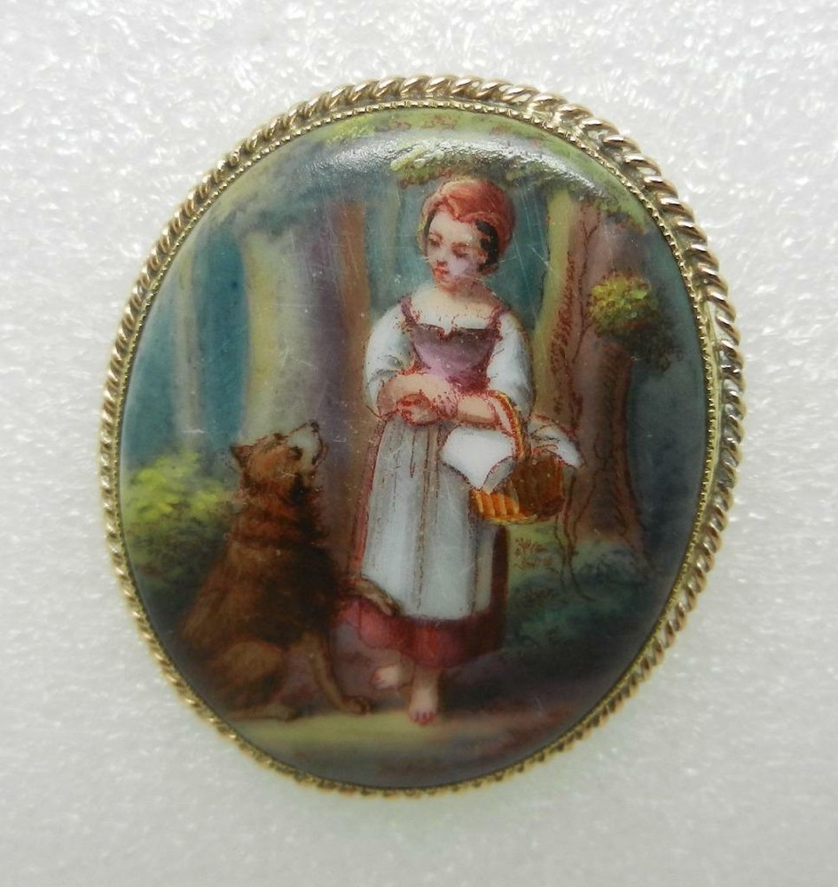 Vintage 14K Gold Numbered Hand Painted Porcelain Girl with Dog Brooch – LB3155