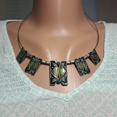 Vintage Czechoslovak Enamel Necklace | Turquoise Glass, 1980s Modernist 39 cm +