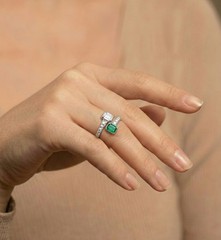 14k White Gold toi et moi ring 0.82CT. Diamond Natural Green Emerald