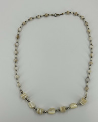 Vintage MOP Mother of Pearl & natural Stone Agate Bead Necklace Chrome Shiny 44″