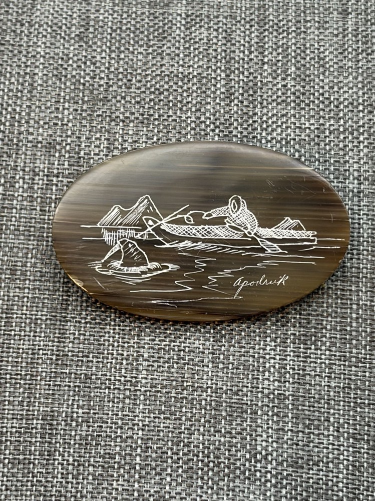Vintage Handcrafted Oval Brooch 2.25 In Brown carved Inuit Theme Scene Signed