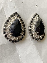 Earrings Pierced Post, VTG Costume Rhinestone Black Pear & pave clear crystals