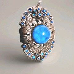 Art Deco Pendant Blue Focal W Rhinestone Accents Silver Tone Pot Metal Floral