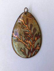 Copper & Rust Fern Leaf Stems on Tan/Green Enamel over Copper Oval MCM Pendant