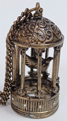 Brass Tone Bird in Cage Pendant Necklace 32″ Chain Vintage Style