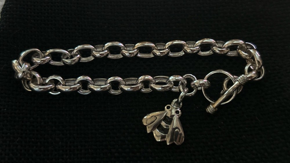 Vintage Sterling Silver 925 Rolo Link Chain Bee Charm Bracelet 8.5″ Heavy 20.5g