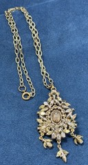 Vintage 60s Hollycraft Ornate Rhinestone Necklace Pendant Yellow Brown Gold Tone