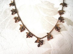 Vintage Brass Tone Copper Tone Necklace With Leaf & Berries Dangles 30 In. KJ