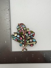 Hollycraft 3” Signed Pastel Rhinestone Leaf Brooch Vintage Pin