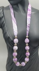 Vintage Purple Silk Wrapped Bead Necklace White Swirl Silver Tone Spacers 22″