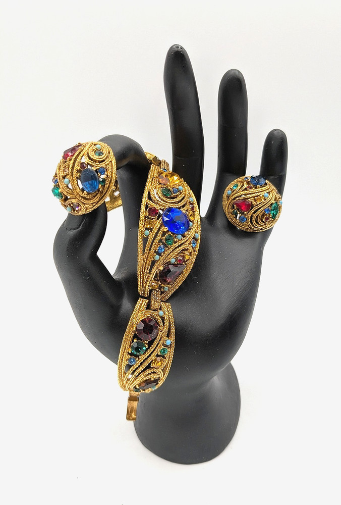 Vtg 50s La Roco Goldtone Filigree Multi-Color Rhinestone Bracelet & Earrings Set