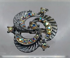 Two Vintage AB Crystal Pin Brooches Gold & Silver Tone Aqua & Clear AB Stones