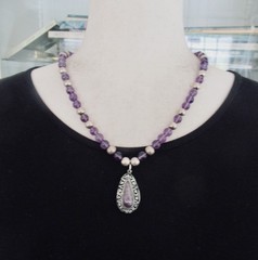 STERLING & AMETHYST MEXICO PENDANT & NECKLACE, 22 INCHES, 8.5MM WIDE, 49 GRAMS