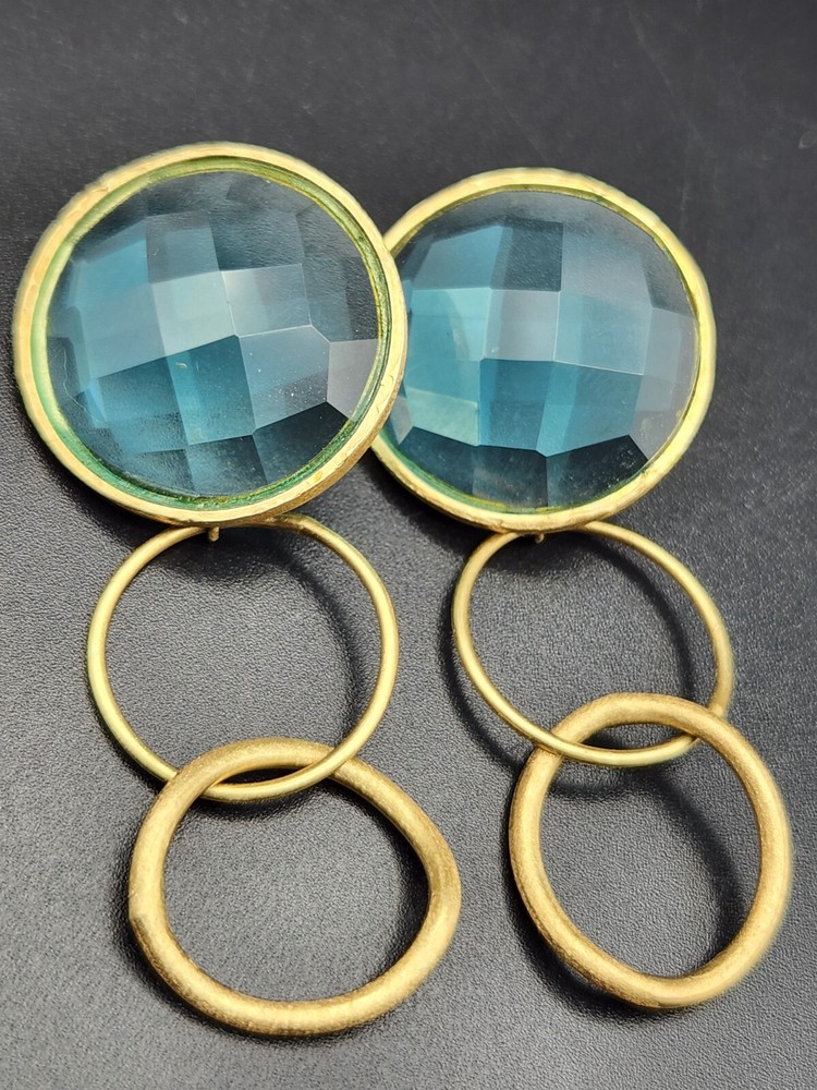 Gorgeous Chic Aquamarine Color Glass Gold Tone Pierced Earrings Not Marked