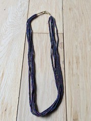 Natural Nepal Glass Seed Bead Multi Strand Necklace. Iridescent Peacock Blue 22″