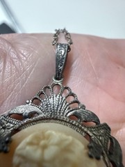 Vintage Victorian Revival Sterling Silver Carved Shell Cameo Pendant Necklace
