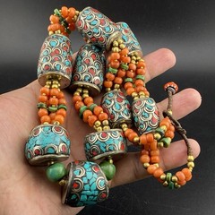 Beautiful Handmade Nepali Jewellery Turquoise Coral & Brass Beads Necklace