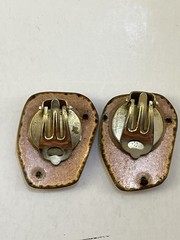 Vin. MCM Italian Enamel on Copper Brooch & Clip Earrings Set Yellow Floral Italy