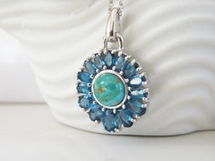 Sterling Silver 925 Turquoise London Blue Topaz NF Pendant 28″ Rolo Necklace