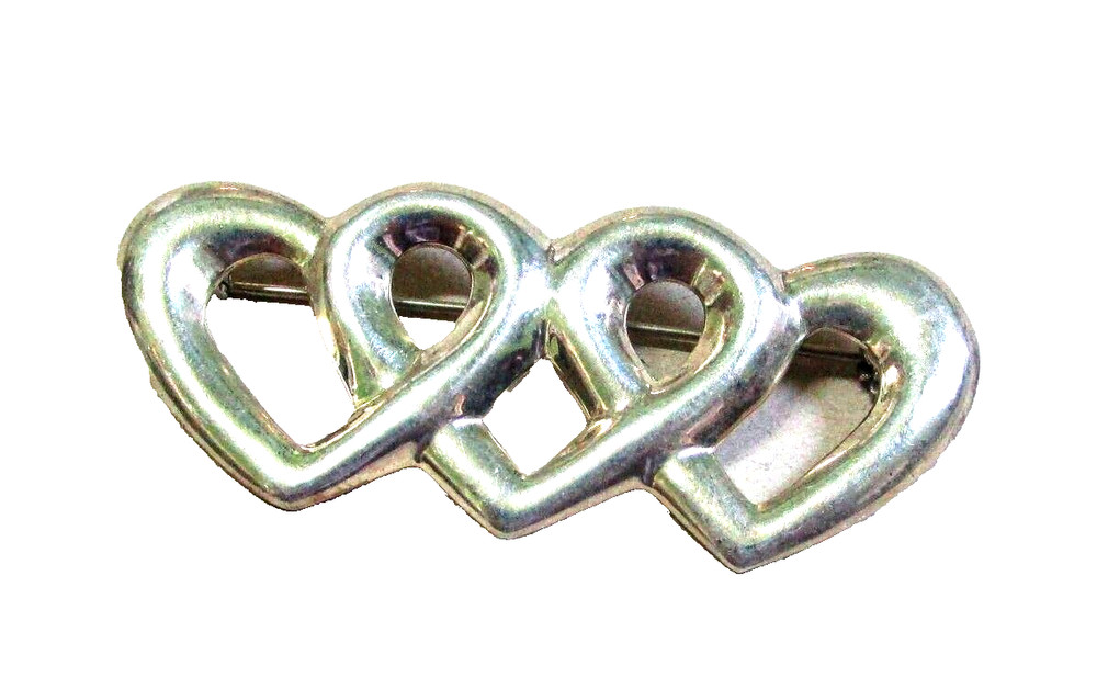 Vintage Sterling Silver TRIPLE HEART Brooch Pin Made in Thailand
