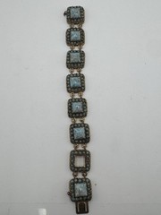 Vintage CZECHO Czech Faux Turquoise Glass Filigree Panel Bracelet 7.5”