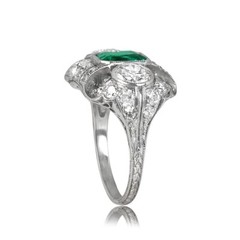 Antique Green Emerald & Lab Created Diamond Three-Stone Wedding 925 Silver Ring