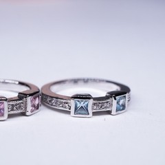 1990’s 18K White Gold-Plated Pink and Blue square stone 2 ring stack