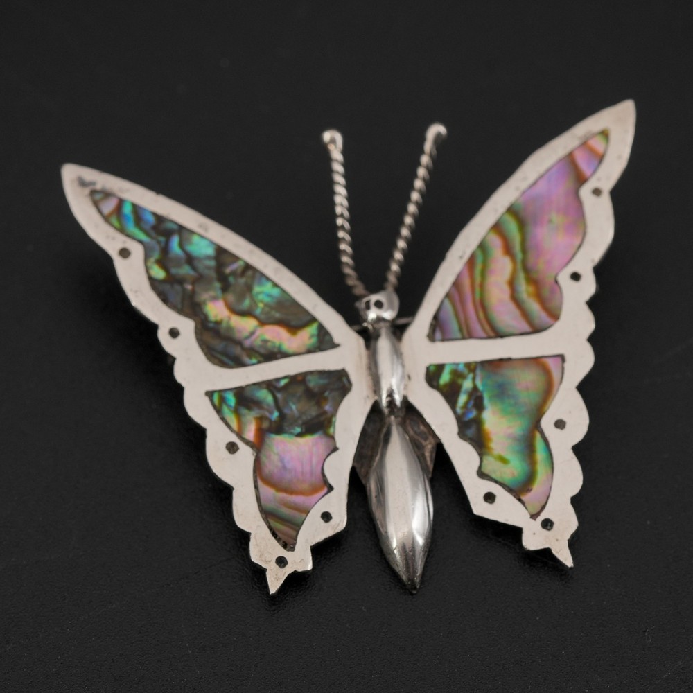 6.2g 925 Sterling Silver Paua Shell Butterfly Brooch Pin 1.75in Mexico Vintage