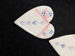 Vintage Artisan White Pink Blue Ceramic Heart Pierced Earrings Boho